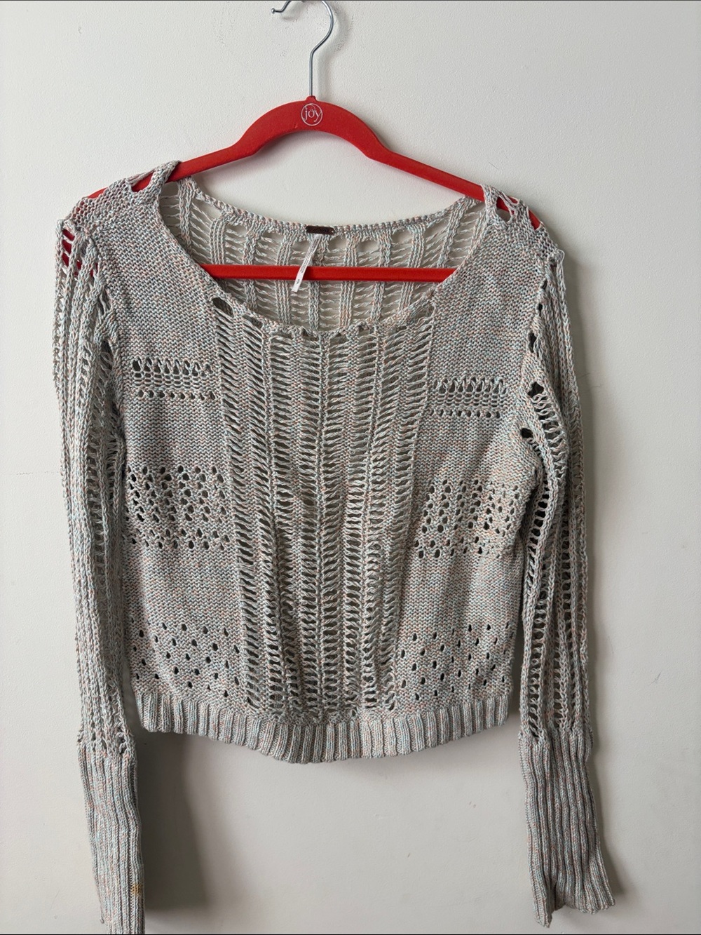 Free People Openwork Scoopneck Sweater in Cream, Pink and light green